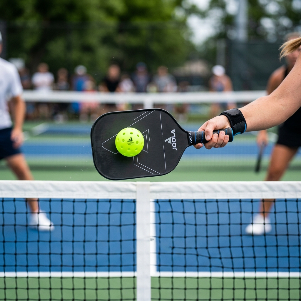 Pickleball paddle hitting neon ball in mid-air