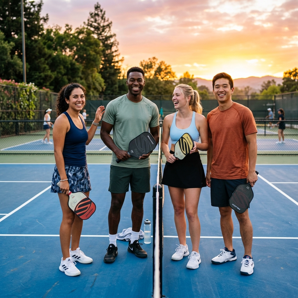 Happy pickleball players on court